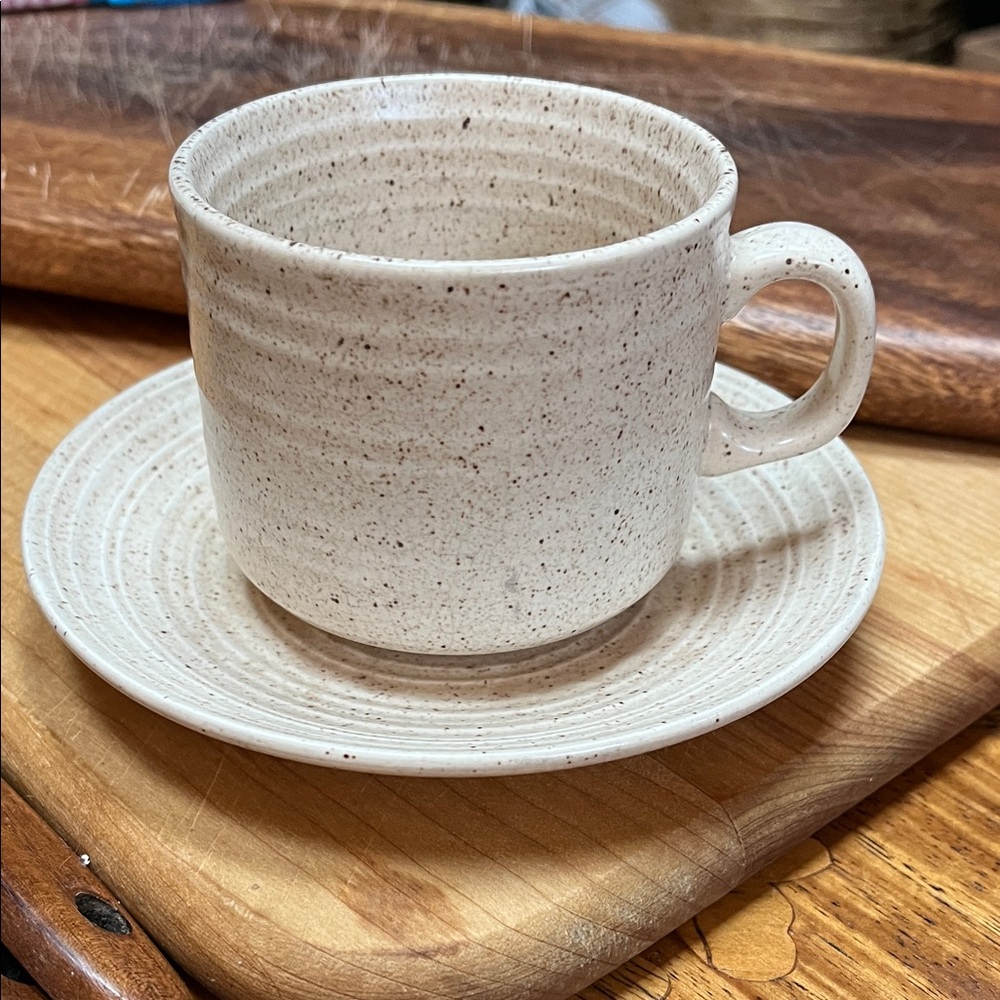 Vintage MCM Speckled Cream Stoneware Cup and Saucer Set